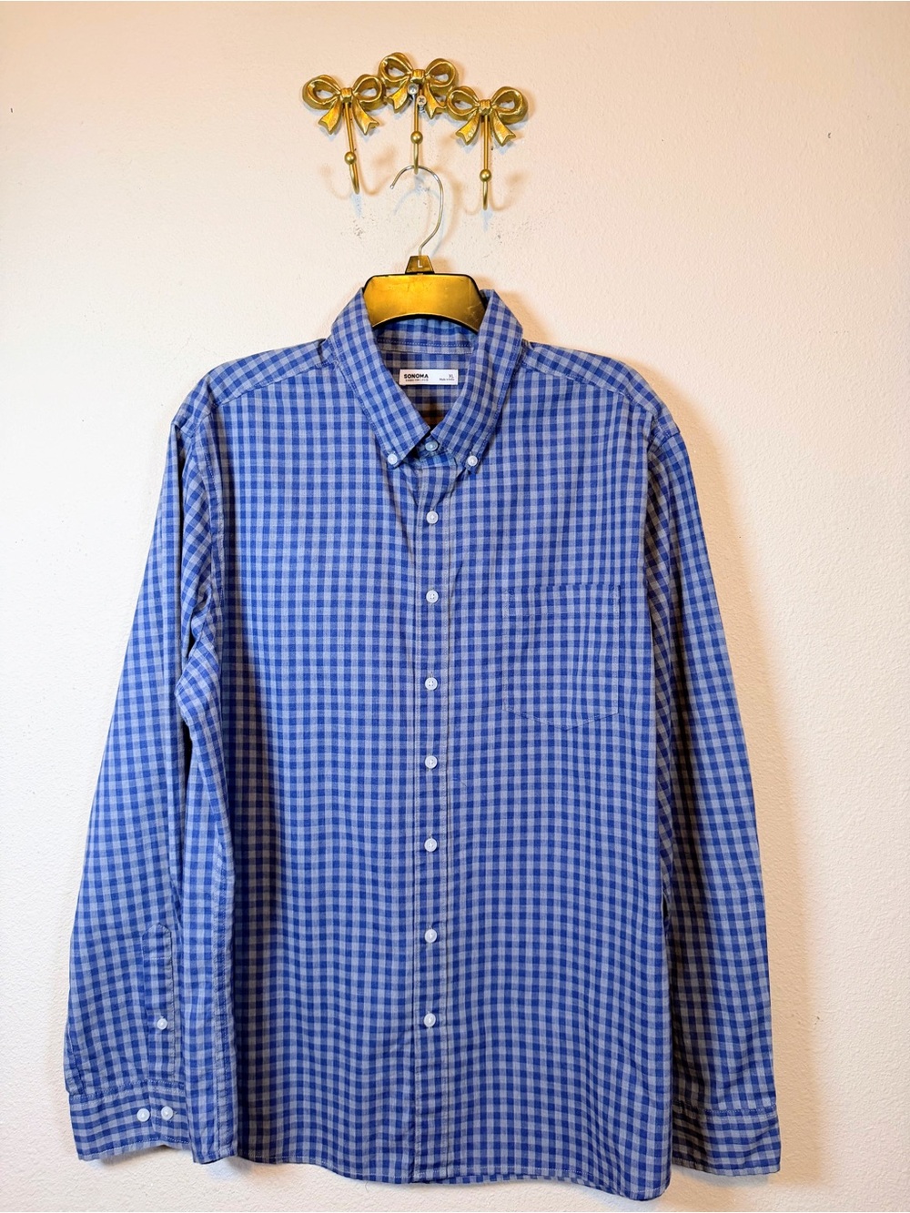Sonoma Blue and Gray Gingham Button-Down Ling Sleeve Shirt. Size XL